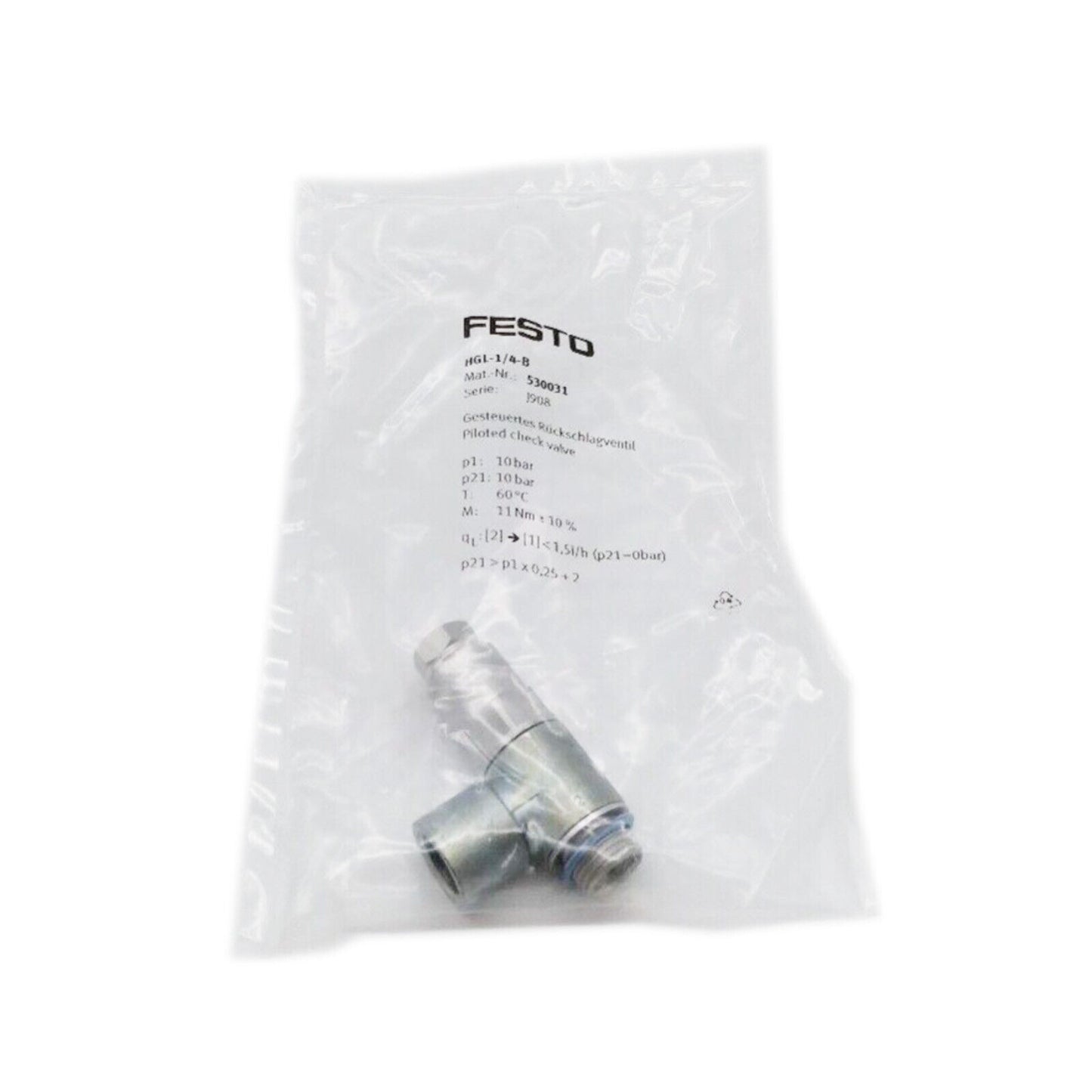 FESTO HGL-1/4-B 530031 Non Return Piloted Check Pneumatic Valve PLC - FESTO
