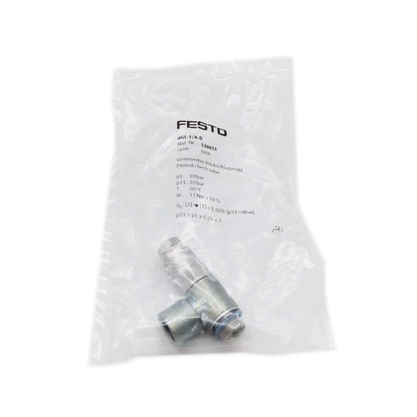 FESTO HGL-1/4-B 530031 Non Return Piloted Check Pneumatic Valve PLC - FESTO