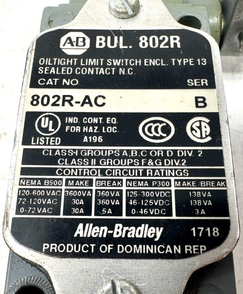 used Allen Bradley 802R-AC Limit Switch