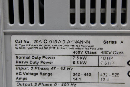used Allen Bradley 20AC015A0AYNANNN PowerFlex 70 - KOEED