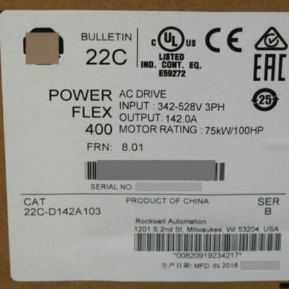 Allen-Bradley PowerFlex 400 75kW 100HP AC Drive 22C-D142A103 Model NEW - ALLEN-BRADLEY