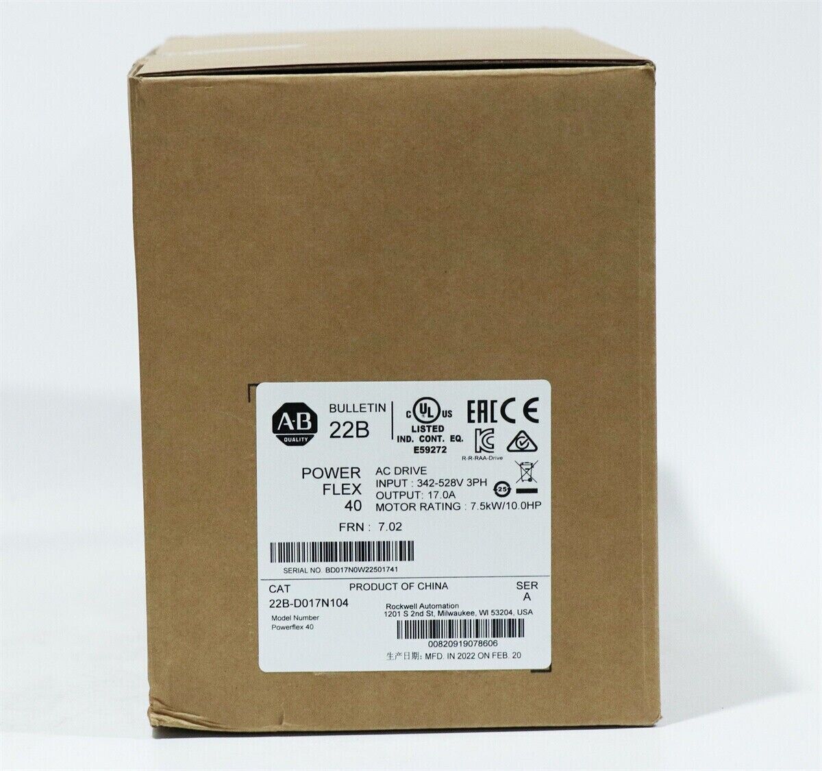 Factory Sealed AB 22B-D017N104 PowerFlex 40 7.5kW 10 HP AC Drive - ABB