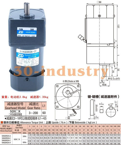 ZD 220V 60W AC Single-phase Speed Motor Model 5IK60RGN-CF-5GN5K - ZD