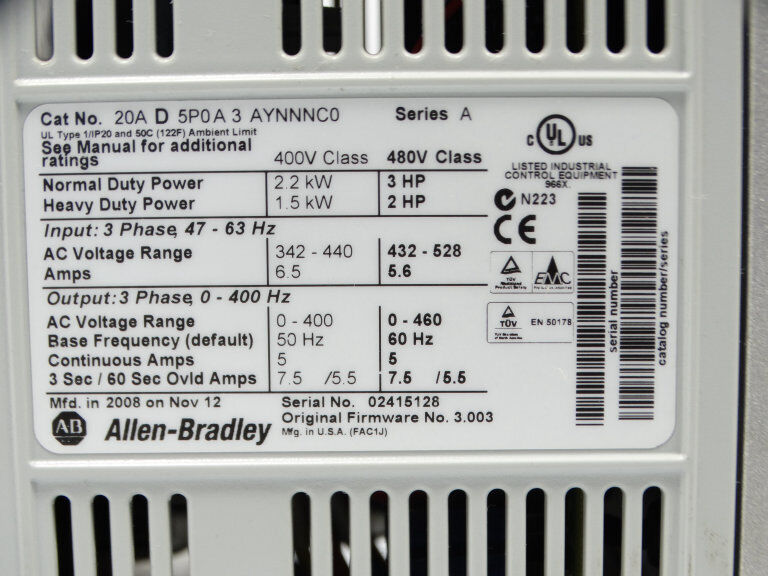 Allen Bradley 20AD5P0A3AYNNNC0 Series A Drive - ALLEN BRADLEY