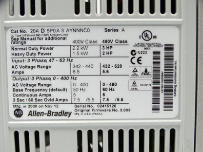 Allen Bradley 20AD5P0A3AYNNNC0 Series A Drive - ALLEN BRADLEY