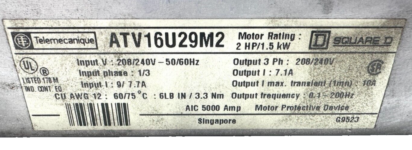 used Telemecanique Square D ATV16U29M2 *No Terminal Cover* Altivar 16 AC Drive