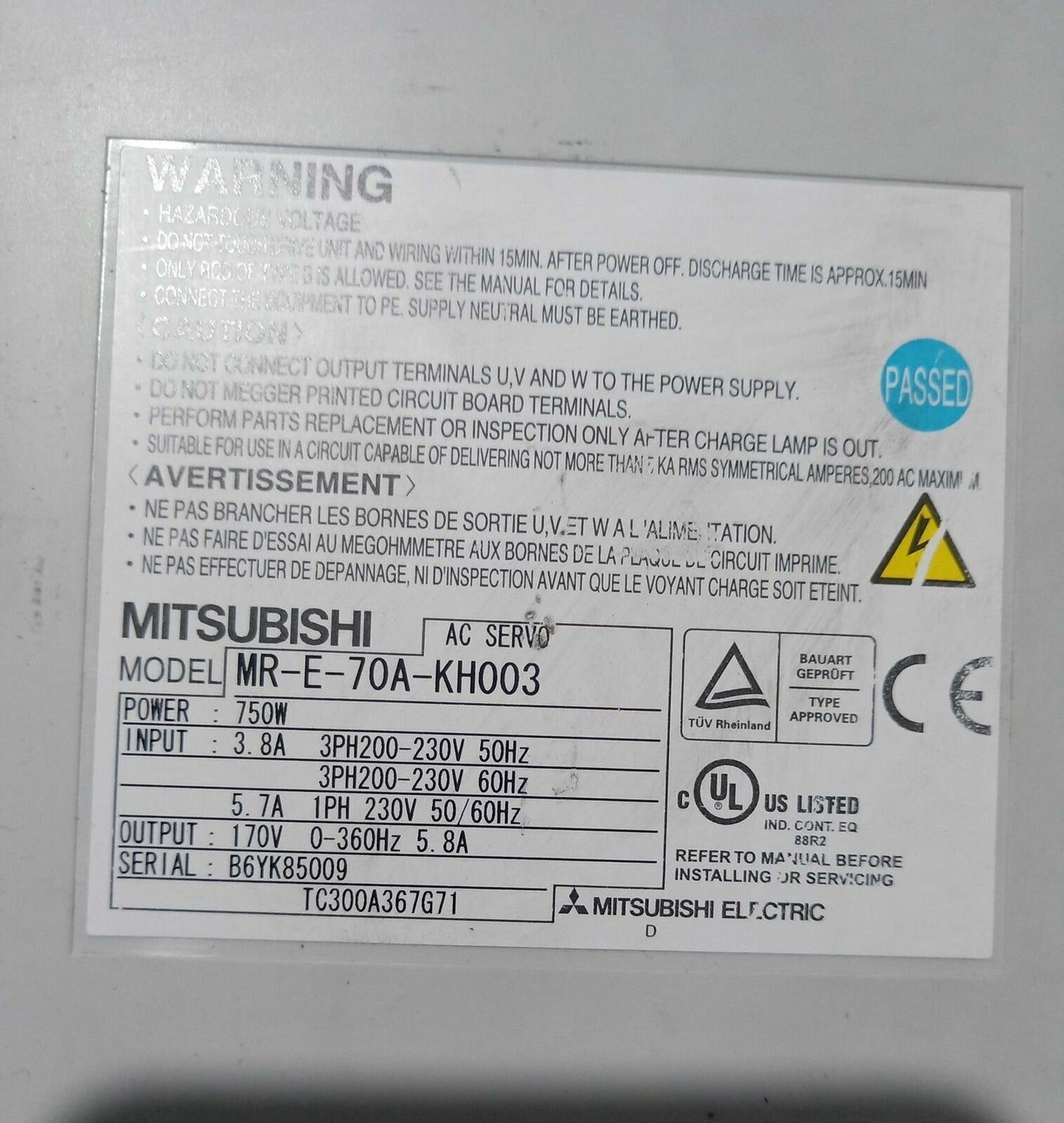 Mitsubishi AC Servo Amplifier MR-E-70A-KH003 Tested - MITSUBISHI