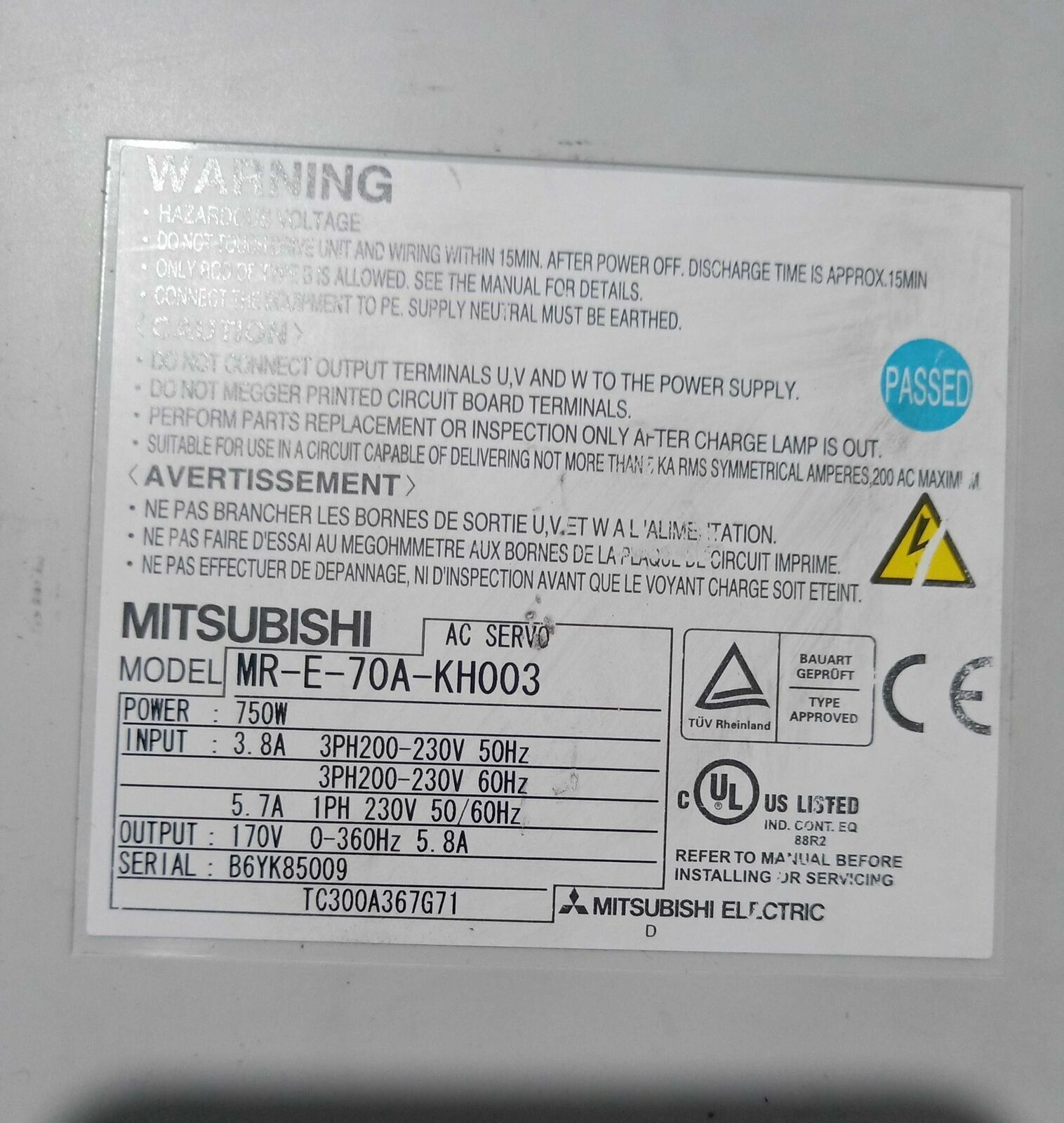 Mitsubishi AC Servo Amplifier MR-E-70A-KH003 Tested - MITSUBISHI