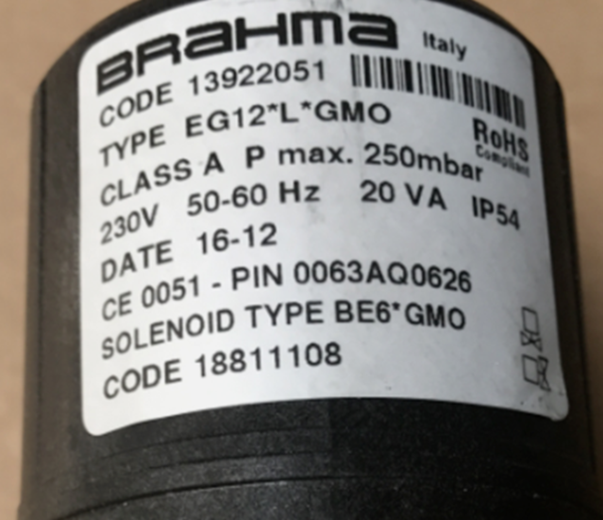 new  BRAHMA EG12*L*GMO Solenoid Valve 230V 250mbar 50-60Hz BRAHMA