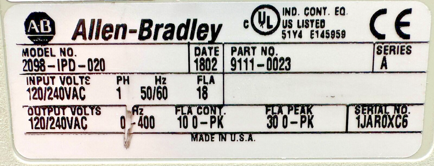 used Allen Bradley 2098-IPD-020 Ultra 5000 Servo Drive - ALLEN BRADLEY