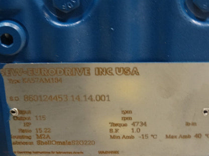 SEW EURODRIVE Gear Reducer KA57AM184 Ratio 15.22 NEW 14088 - SEW EURODRIVE