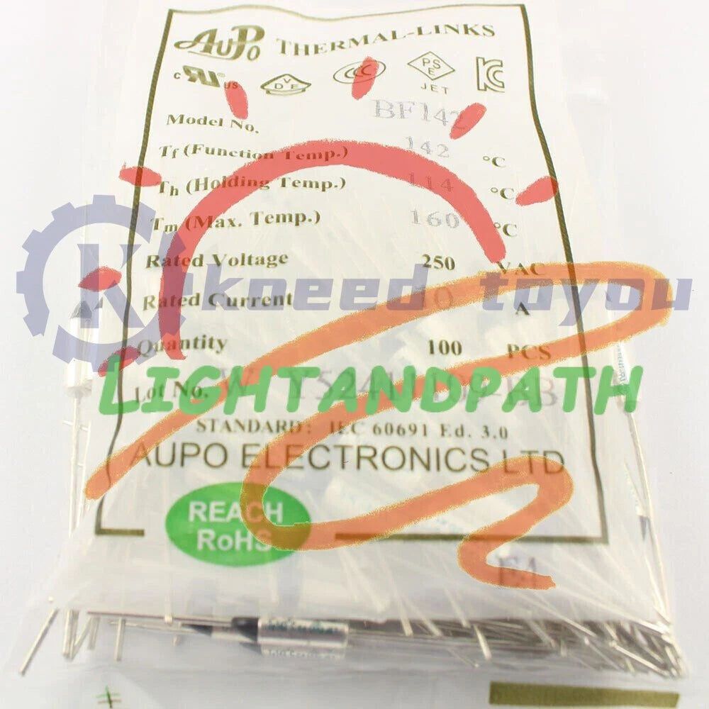 2Pcs AUPO Thermal Fuse Links BF142 Axial Lead TF Cutoff 142℃ 142C 250V 10A ^