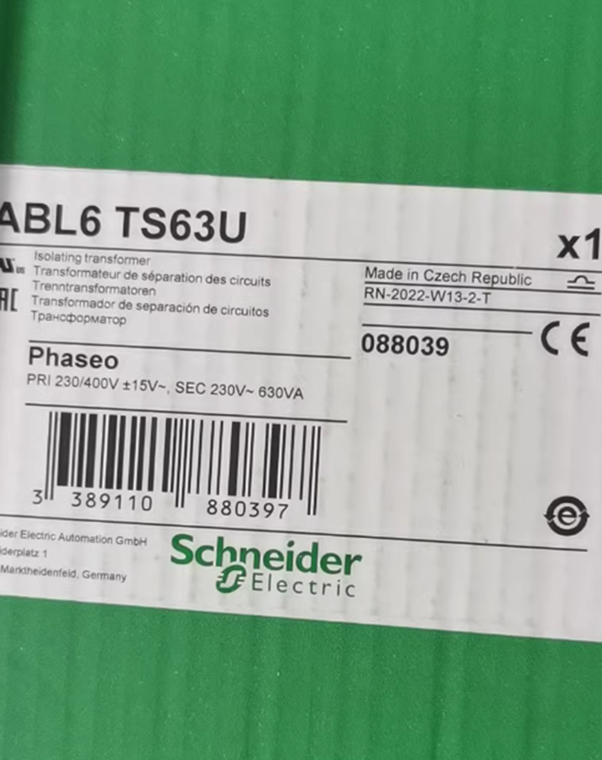 Schneider Electric ABL6TS63U 630VA DIN Rail Panel Mount Transformer - SCHNEIDER ELECTRIC