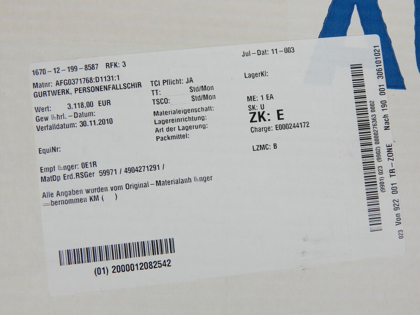 new Martin Baker Parachute Harness Aircraft Belt Pilot NOS - MARTIN BAKER