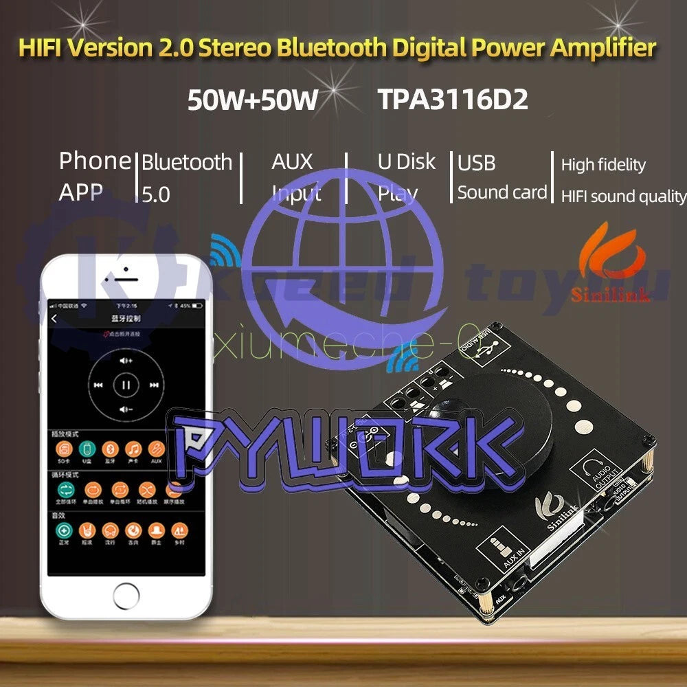 50Wx2 TPA3116D2 HIFI AUX USB Bluetooth 5.0 Audio Stereo Digital Amplifier Board