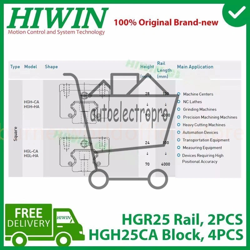 HIWIN 2pc HGR25 200-2000mm Linear Guide Rail + 4pc HGH25CA Slide Block ﻿﻿CNC