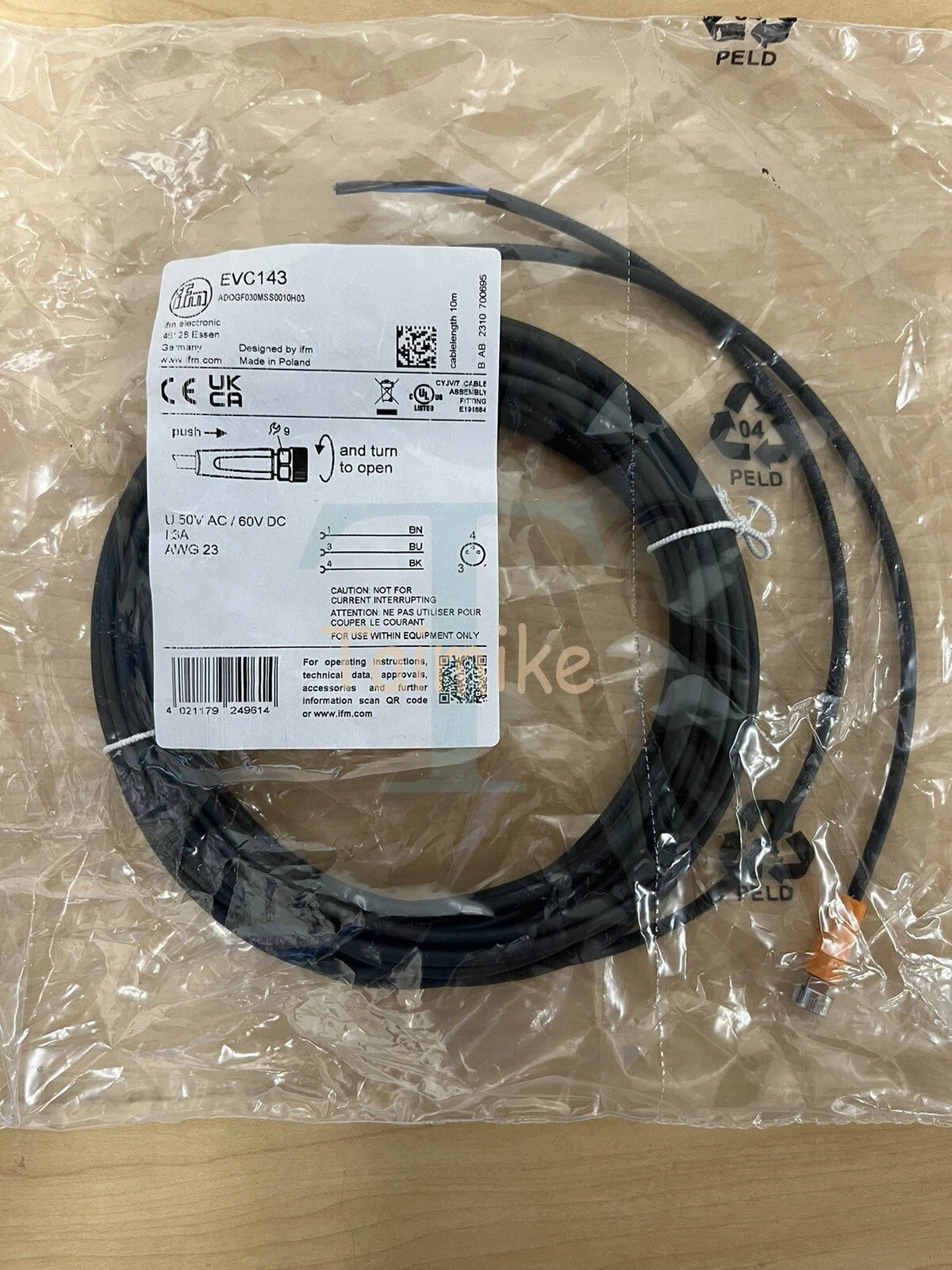 ! IFM EFECTOR EVC143 Sensor Connection 10m Cable - M8/Leads - Factory Sealed!