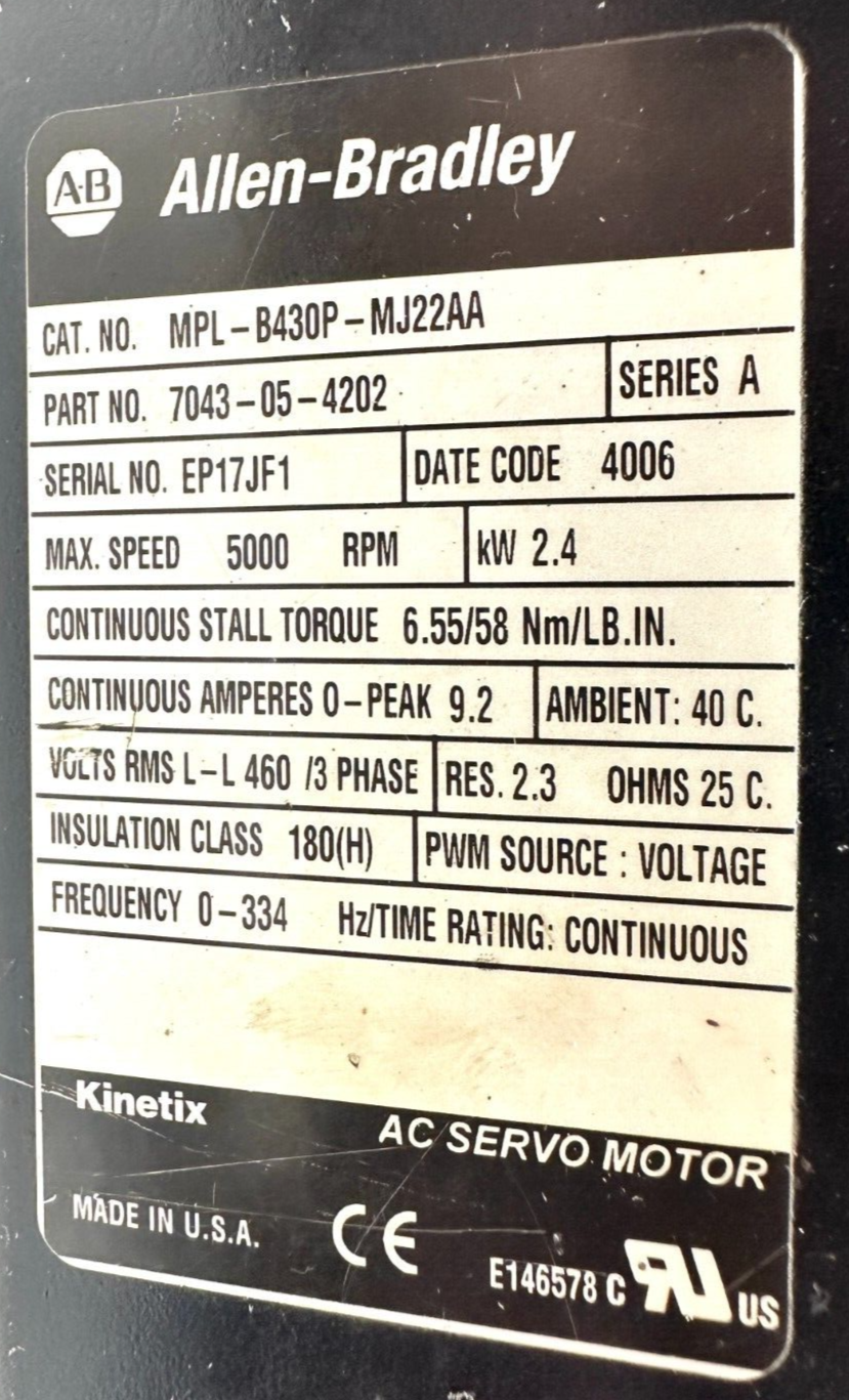 used Allen Bradley MPL-B430P-MJ22AA Servo Motor - ALLEN BRADLEY