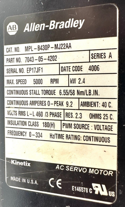 used Allen Bradley MPL-B430P-MJ22AA Servo Motor - ALLEN BRADLEY