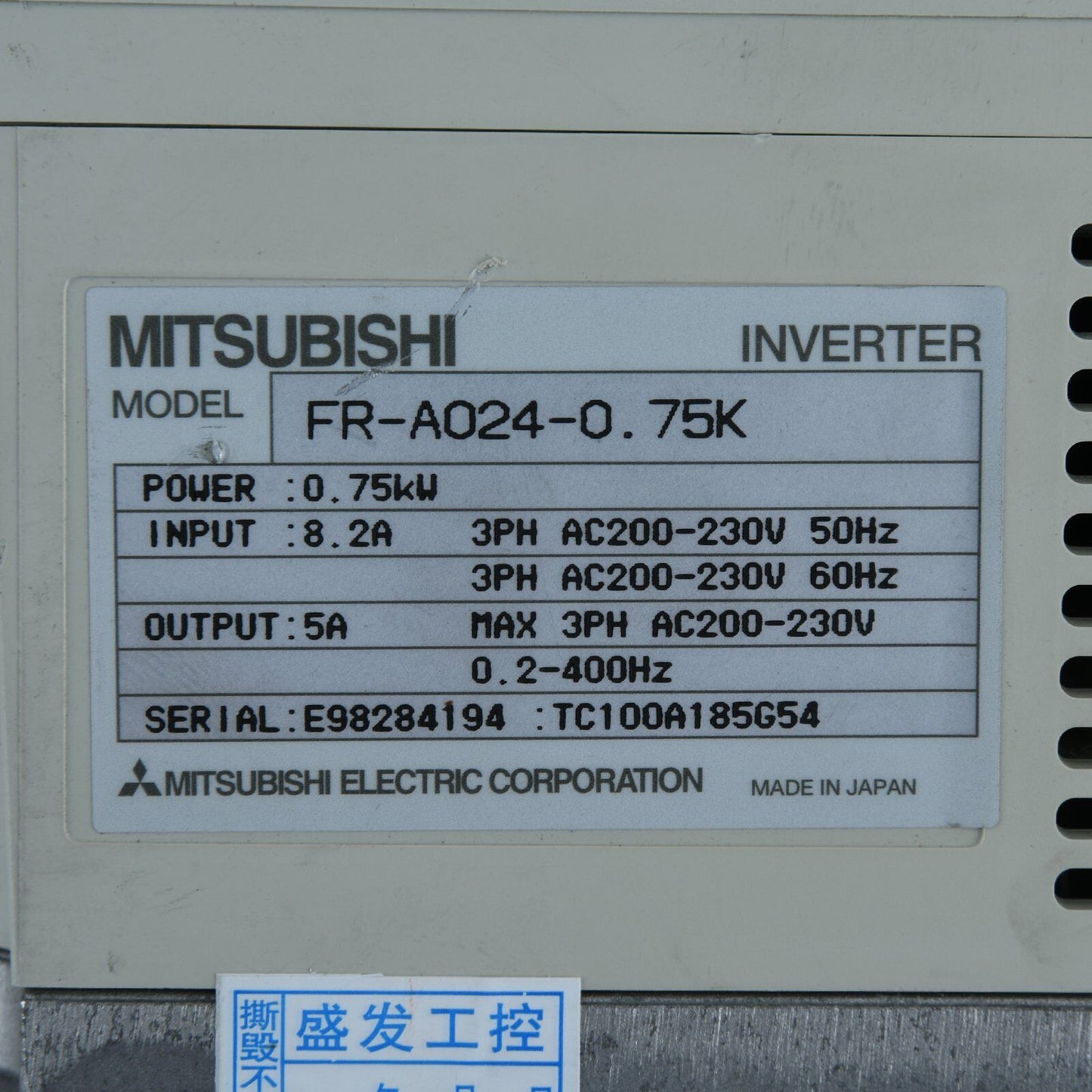 Used Mitsubishi FR-A024 0.75KW 220V tested good condition - MITSUBISHI