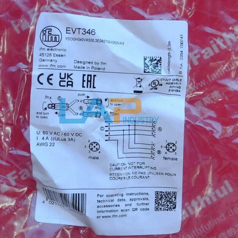 IFM EVT346 0.3m Y-shaped Connecting Wire M12 4-Core Male & Female - IFM