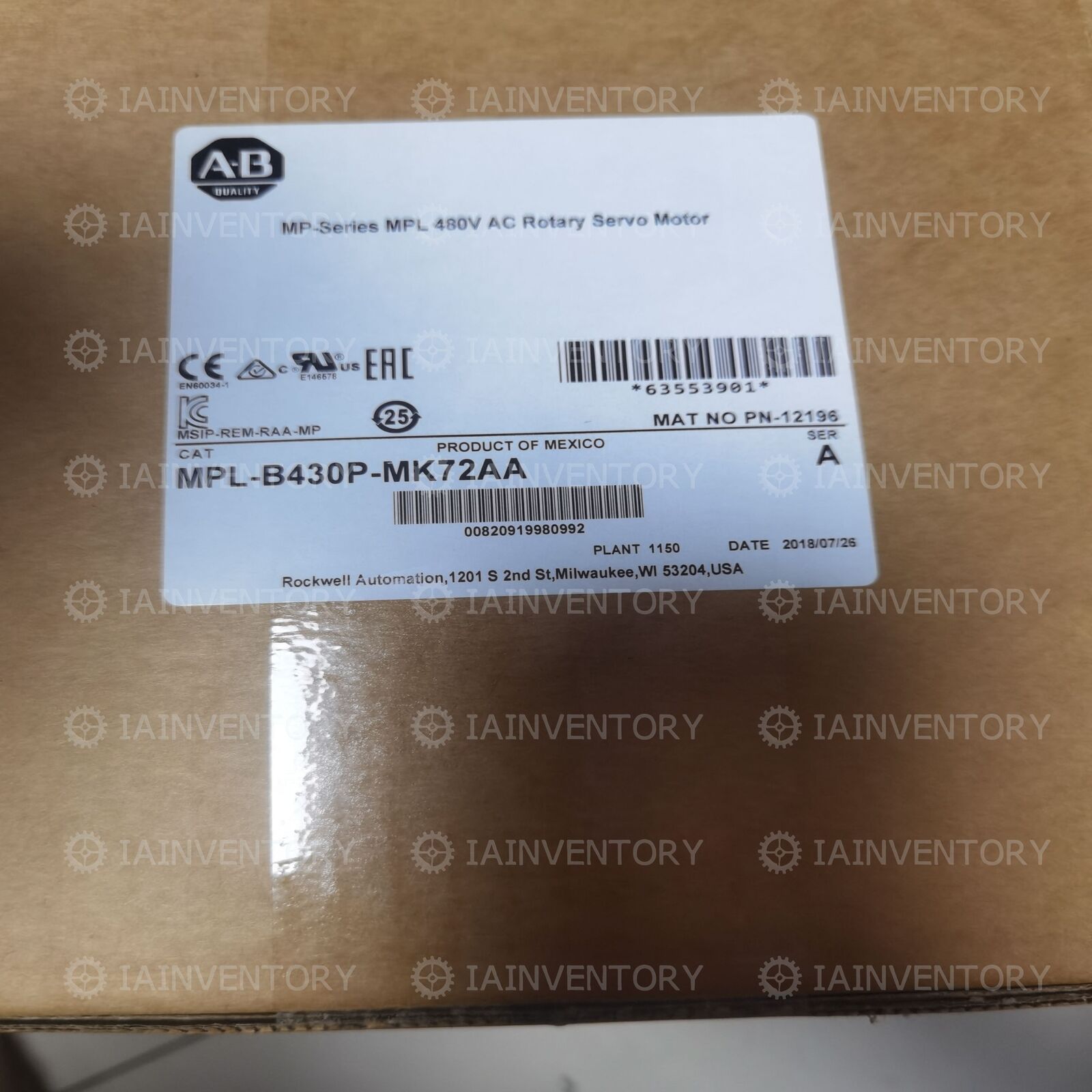 Allen Bradley Brushless Rotary Servo Motor 480V AC MPL-B430P-MK72AA 5000 RPM - ALLEN BRADLEY