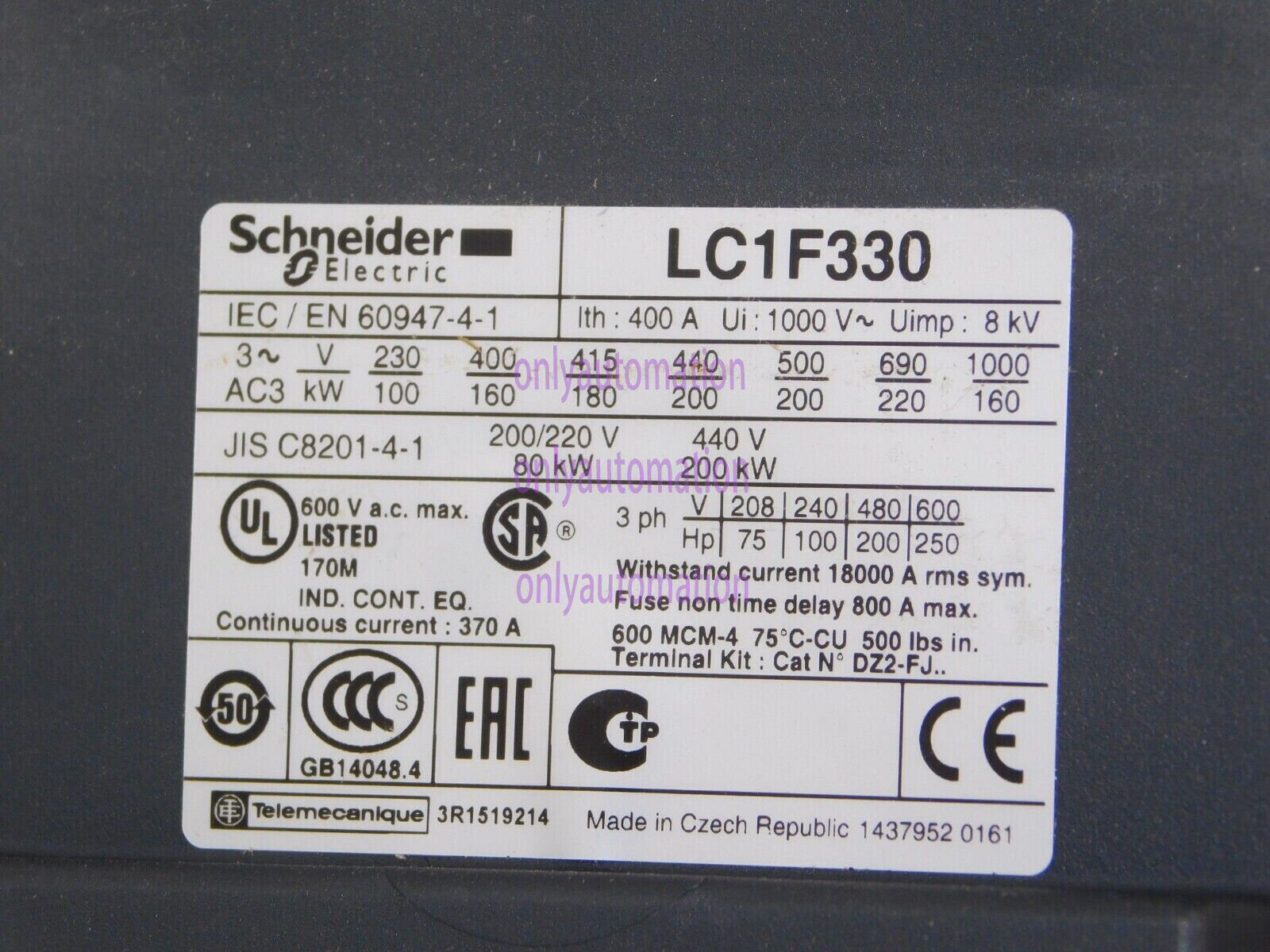 new Schneider Electric LC1F330G7 Non-Reversing 330 Amp 600 VAC IEC Contactor