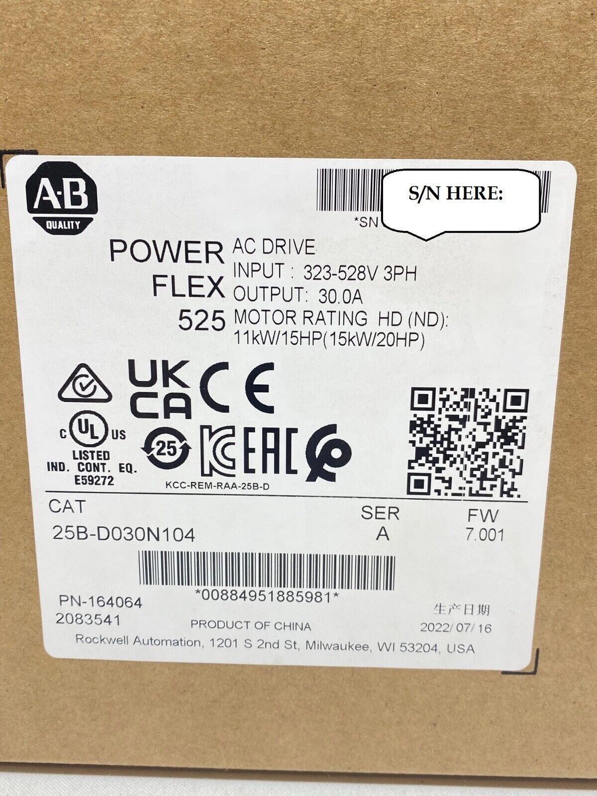Allen-Bradley PowerFlex 525 15kW 20Hp AC Drive - ALLEN-BRADLEY