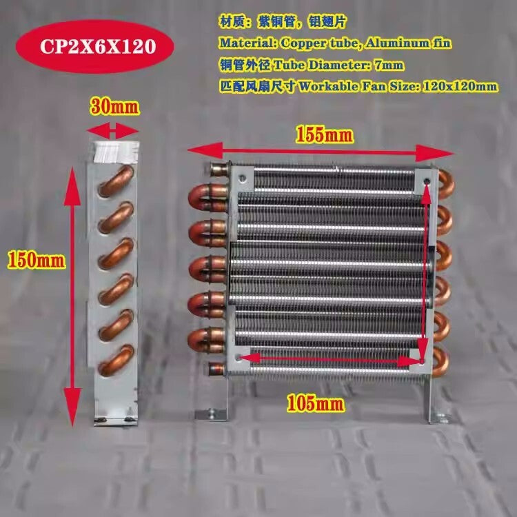 new CP2X6X120 Micro Radiator Condenser Copper Tube Evaporator 12CM FAN 12/24/48/220V