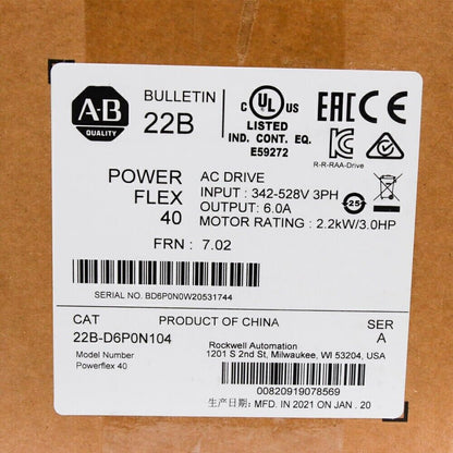 Allen-Bradley PowerFlex 40 AC Drive 2.2KW/3.0HP 22B-D6P0N104 - ALLEN-BRADLEY