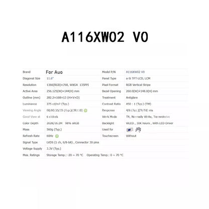 11.6" AUO A116XW02 V0 LCD Display Screen - AUO