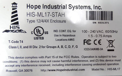 HIS-ML17-STAH HMI Industrial Control System - HOPE INDUSTRIAL SYSTEMS INC