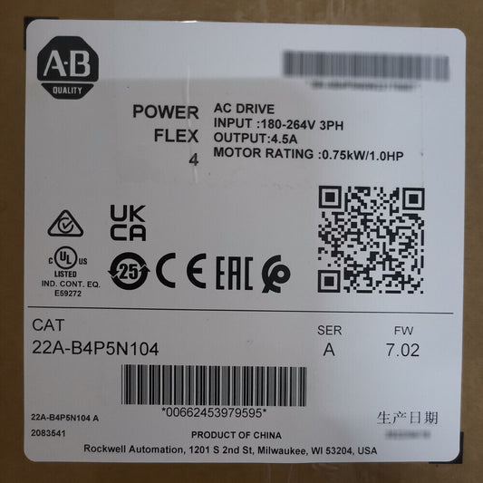 Allen-Bradley 22A-B4P5N104 PowerFlex 4 240V 3P 1HP AC Drive 22AB4P5N104