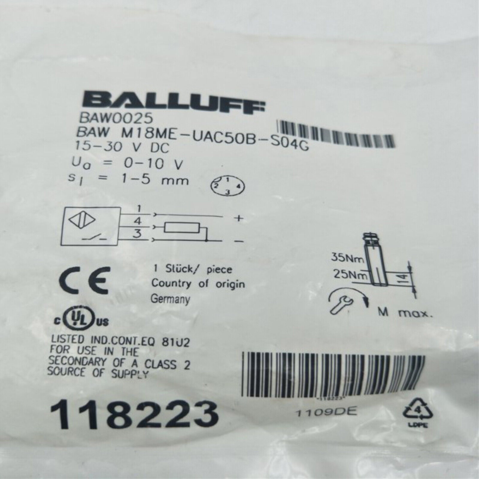 Balluff Proximity Switch BAW M18ME-UAC50B-S04G - BALLUFF