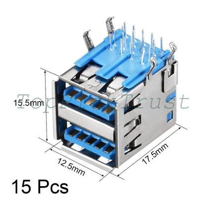 15Pcs Dual Port Female Jack 90 Degree PCB USB Connector 3.0 Type-A
