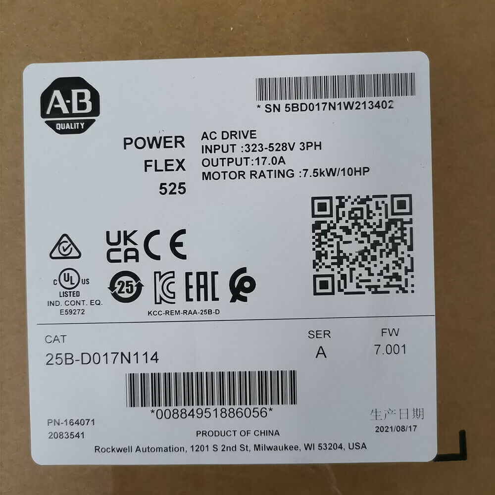 Allen-Bradley PowerFlex 525 25B-D017N114 7.5kW AC Drive - 10Hp Industrial Motor NEW - ALLEN-BRADLEY