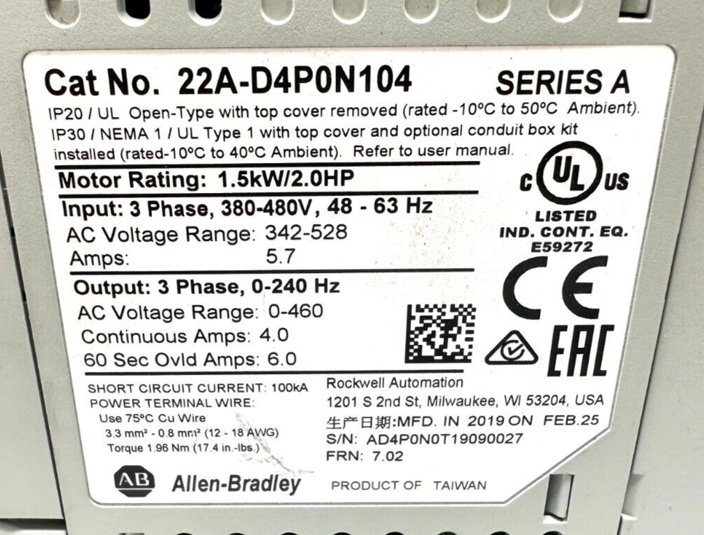 used Allen Bradley 22A-D4P0N104 PowerFlex 4 Variable Frequency Drive - ALLEN BRADLEY