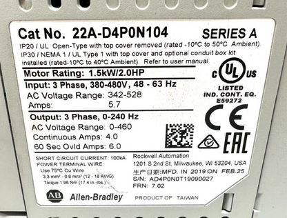 used Allen Bradley 22A-D4P0N104 PowerFlex 4 Variable Frequency Drive - ALLEN BRADLEY
