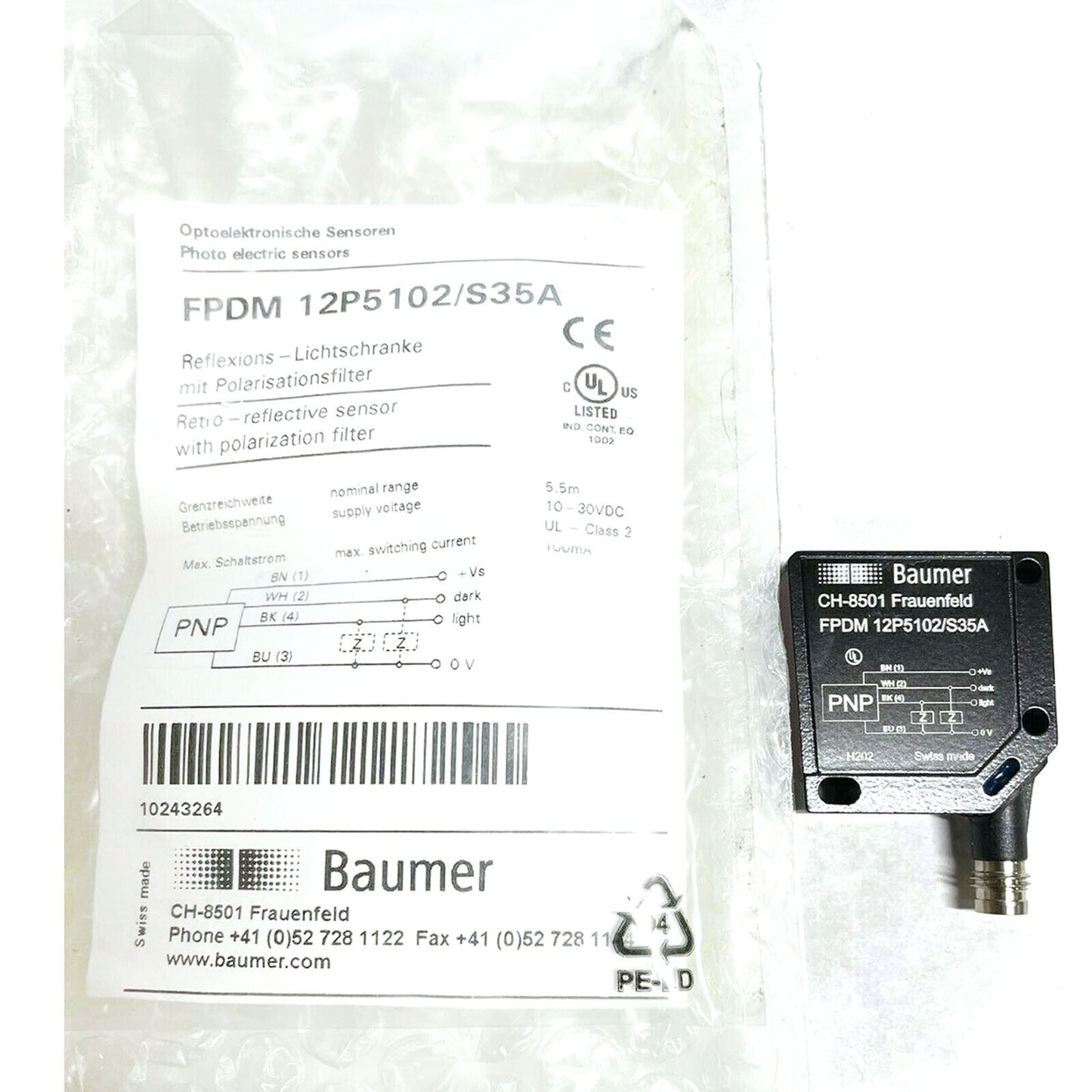 BAUMER FPDM 12P5102/S35A Retro-Reflective Photoelectric Sensors - BAUMER