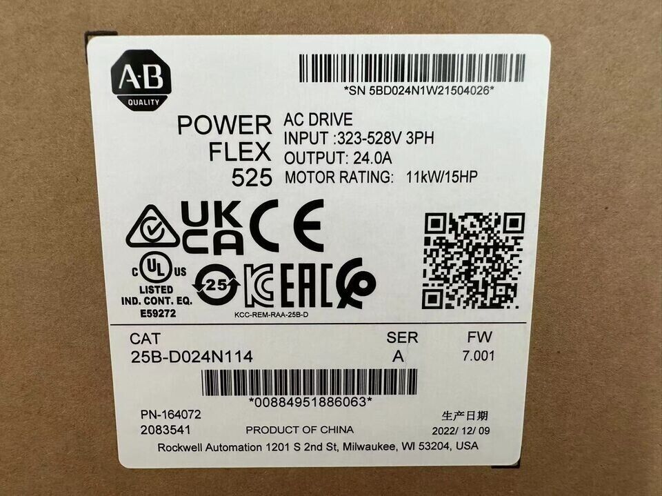 Allen Bradley PowerFlex 525 AC Drive 25B-D024N114, 11kW/15Hp, 230V AC - ALLEN BRADLEY