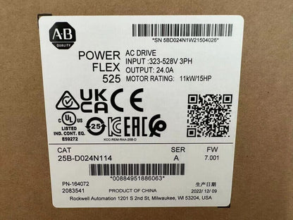 Allen Bradley PowerFlex 525 AC Drive 25B-D024N114, 11kW/15Hp, 230V AC - ALLEN BRADLEY