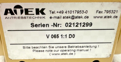used Atek V 065 1:1 D0 Gearbox - ATEK