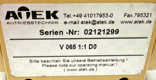 used Atek V 065 1:1 D0 Gearbox - ATEK