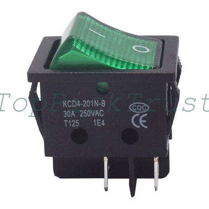 5PCS KCD4-201N-B 4pin 2-position Boat Type Rocker Switch 30A250V Green with Lamp