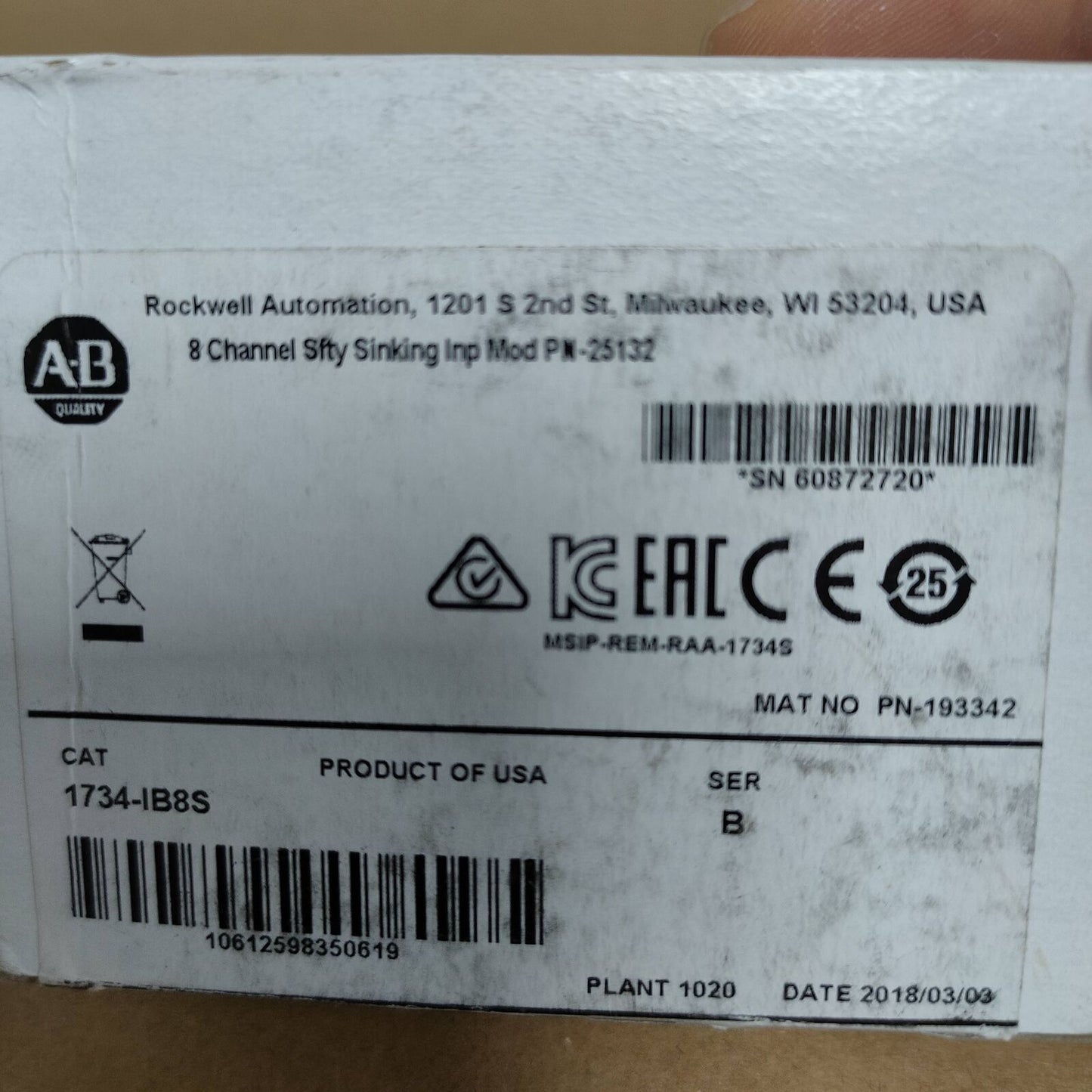 Allen-Bradley 1734-IB8S B Point 8 CH Digital Sink Safety Input Module - ALLEN-BRADLEY