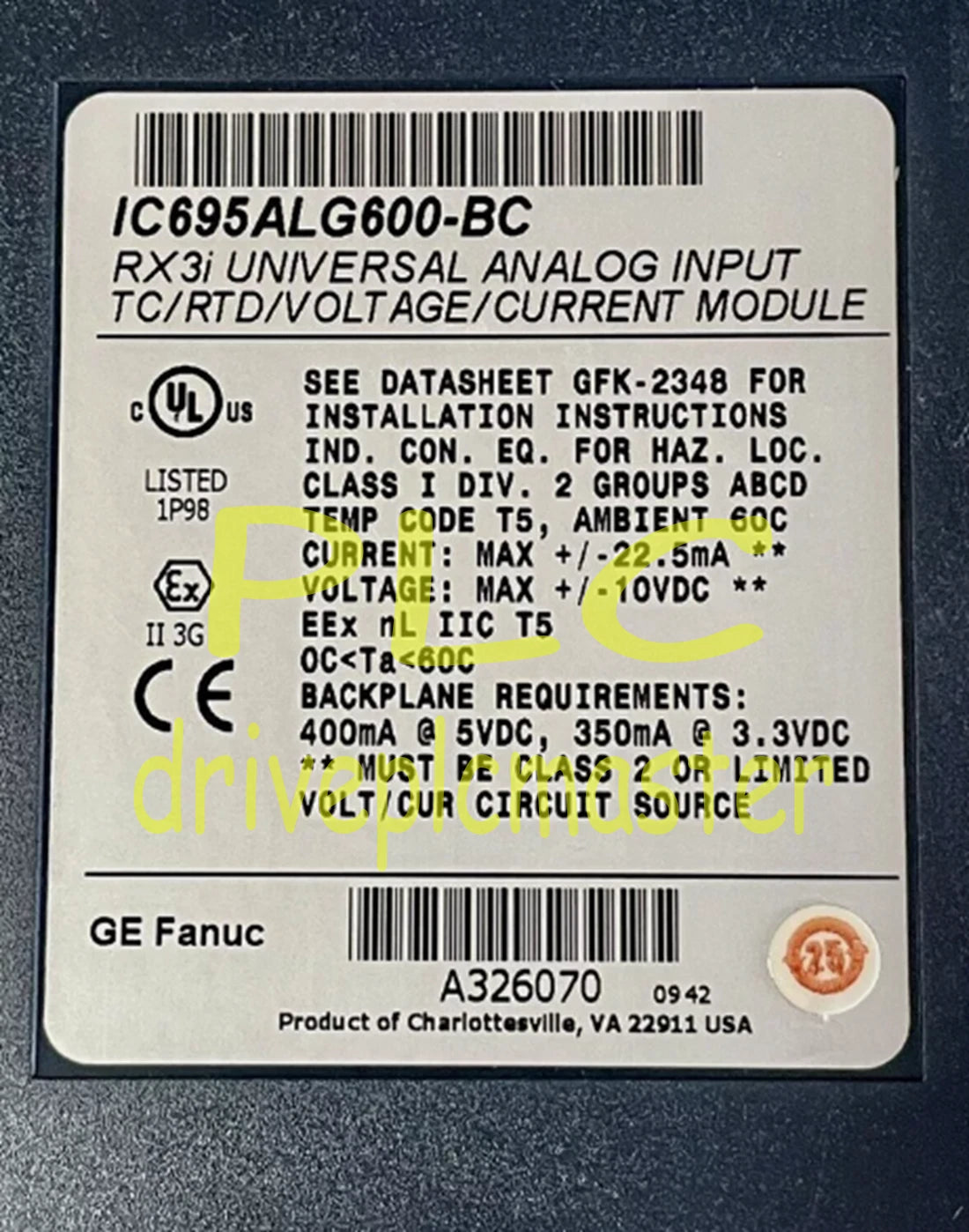 GE FANUC IC695ALG600-BC RX3i PLC Universal Analog Input Module (TC/RTD/V/I)