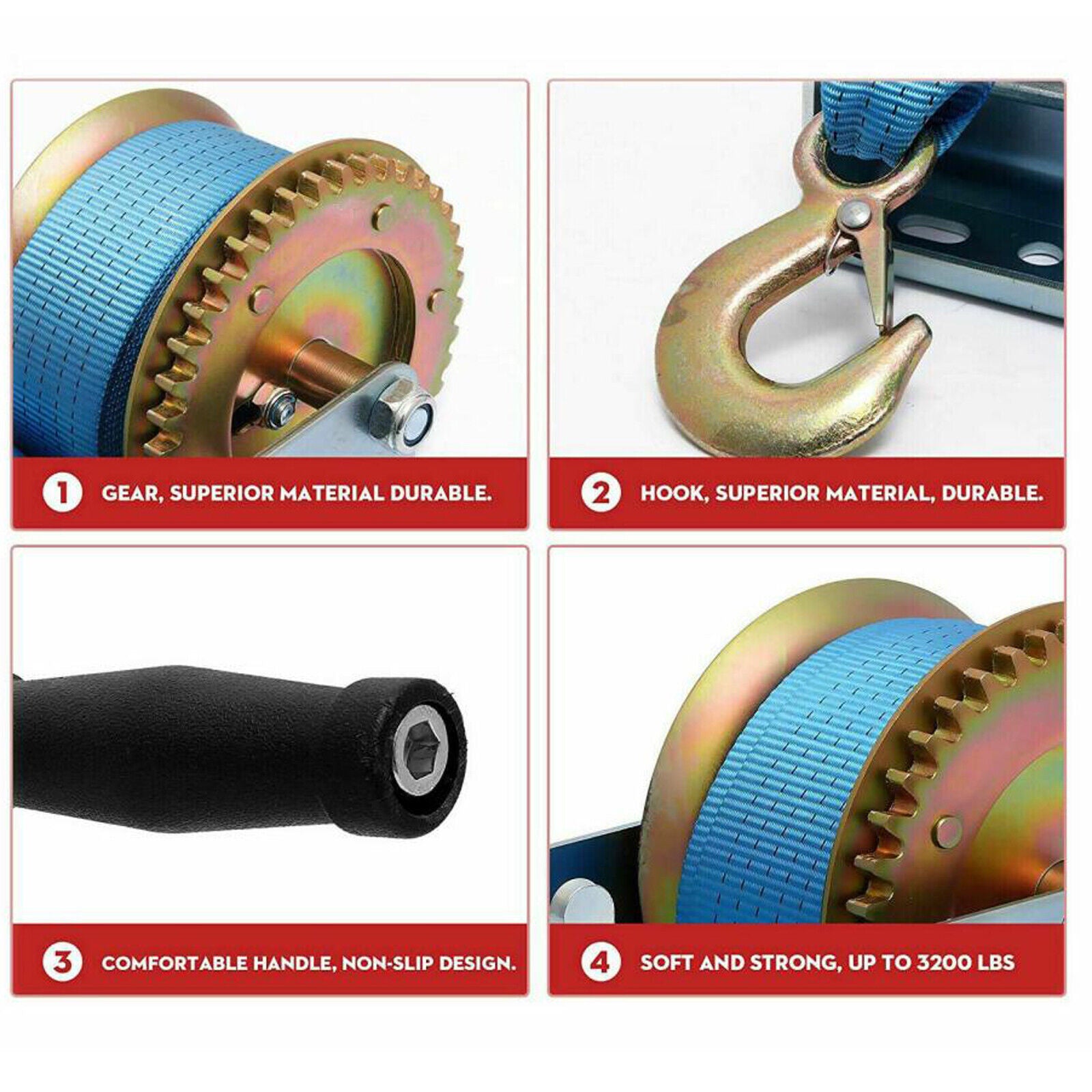 3200lbs Hand Winch polyester strap for Boat ATV Trailer RV Blue - YETI