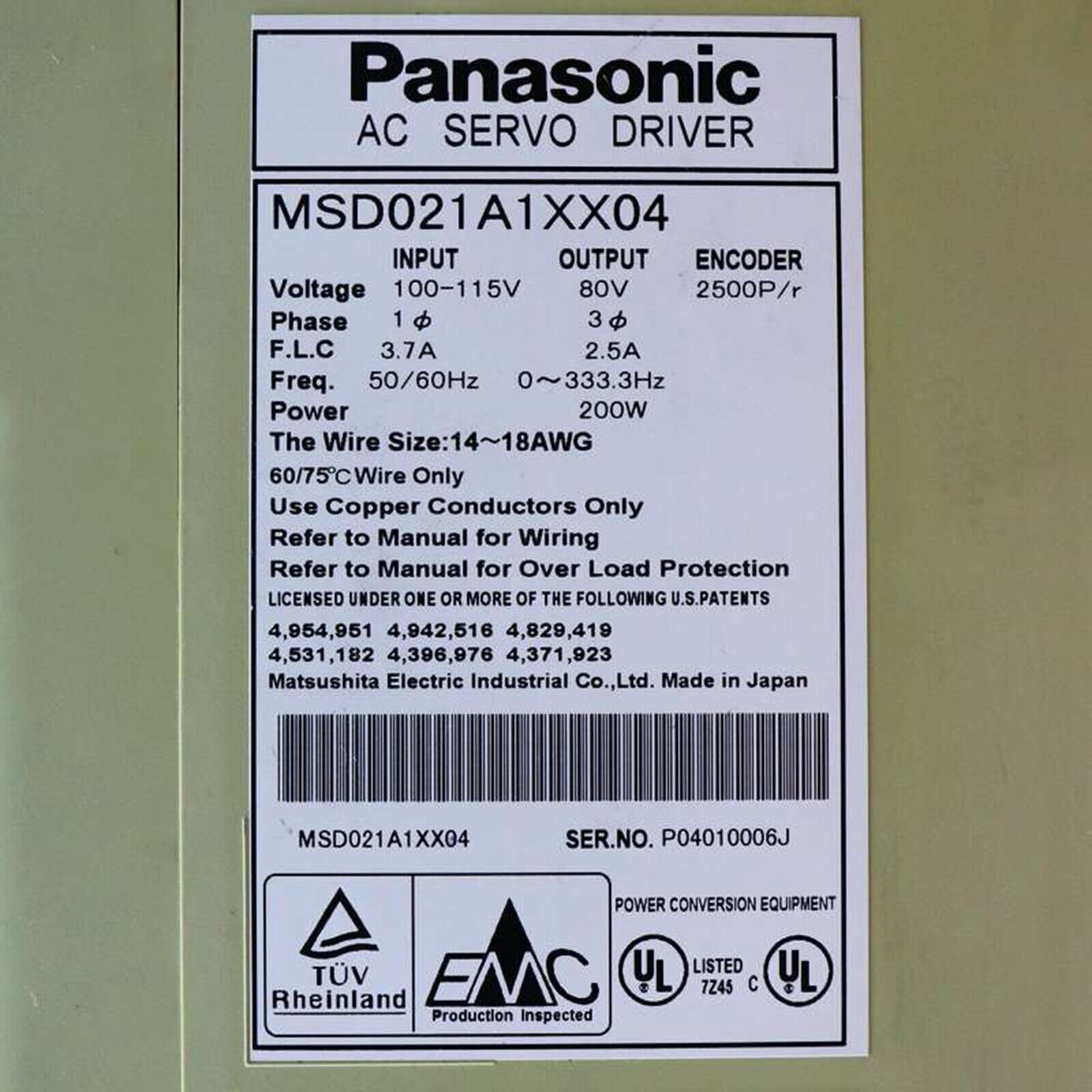 Panasonic MSD021A1XX04 Servo Drive - PANASONIC