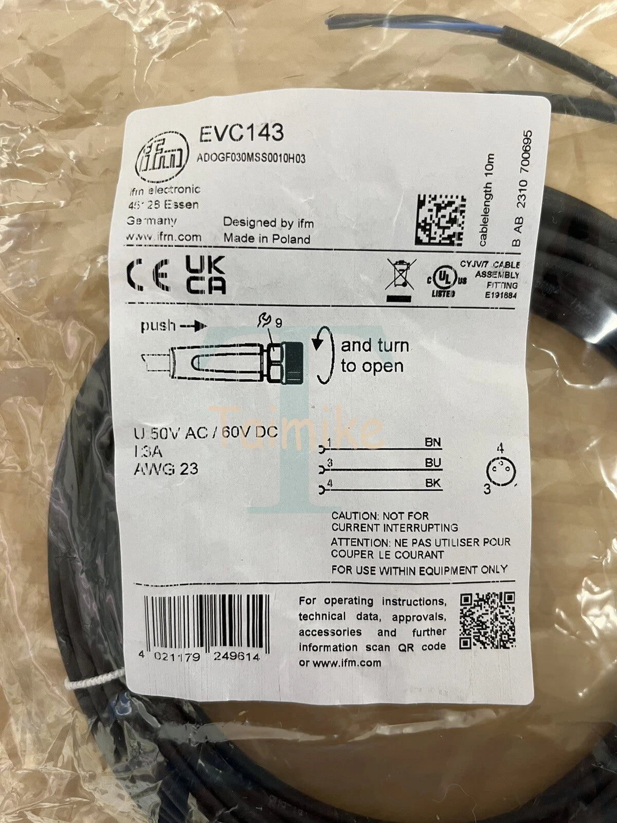 ! IFM EFECTOR EVC143 Sensor Connection 10m Cable - M8/Leads - Factory Sealed!