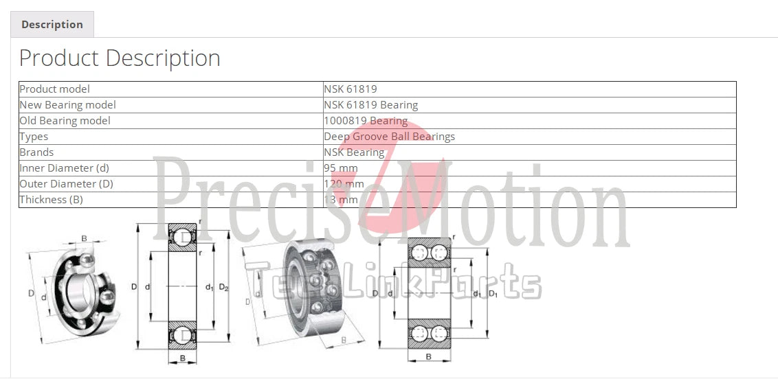 1PCS NSK 61819 ZZ Deep Groove Ball Bearings 95x120x13mm